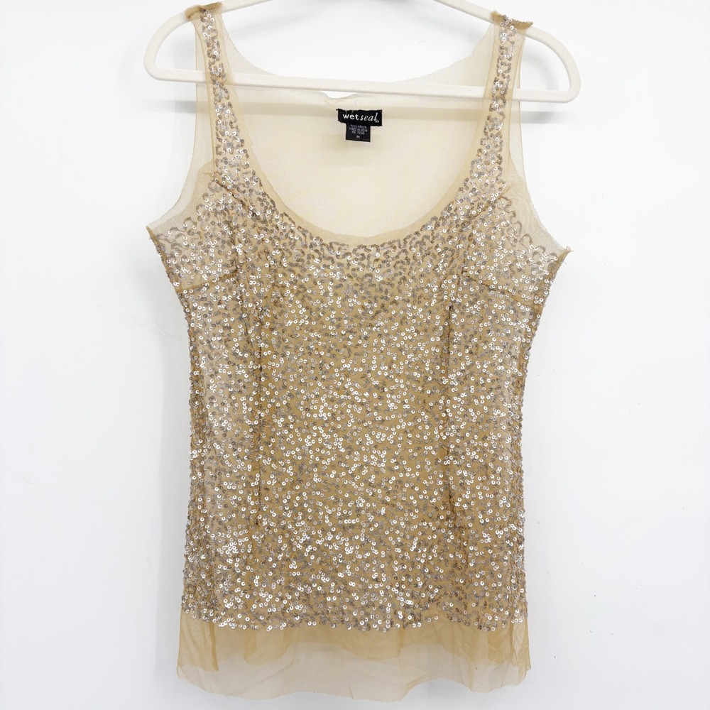 Wet Seal Womens Gold Sequin Mesh Y2K Glam Fairycore Going Out Tank Top Size M